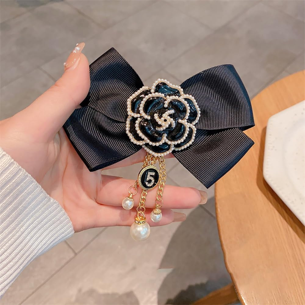 Camellia Flower Pre-Tied Big Bow Tassel Brooch Pin for Women Girls CZ Faux Pearl Lucky Number Five Chain Dangle Charm Fabric Pins Clip Lapel Bouquet Corsage Brooches Elegant Jewelry for Dress Suit