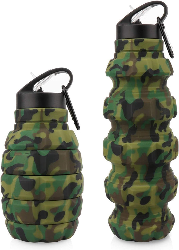 Collapsible Travel Water Bottle19.6 Oz, Reuseable Silicone Foldable Water Bottles for Gym Camping Hiking, Portable Leak Proof Sports Water Bottle with Carabiner (Army Green Camouflage)