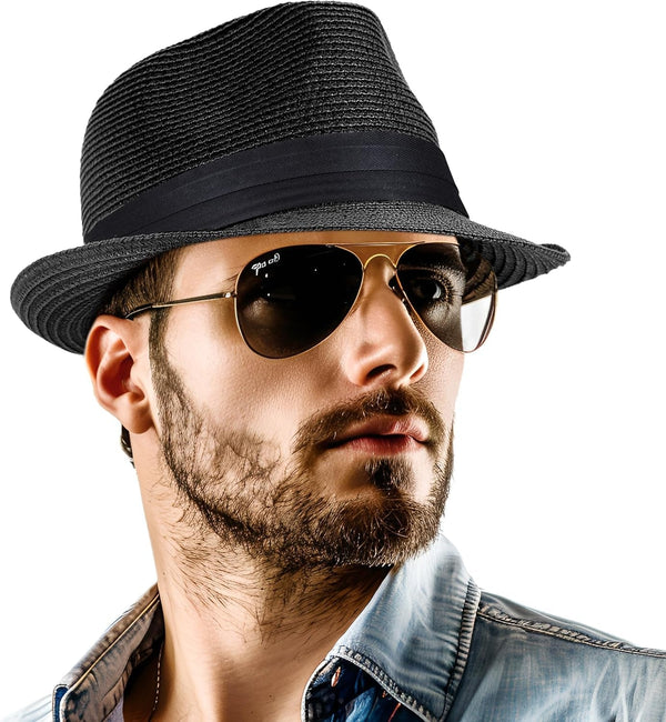 Straw Fedora Hat for Women Men Packable Short Brim Roll up Trilby Hat Panama Summer Beach Sun Hat UPF 50+