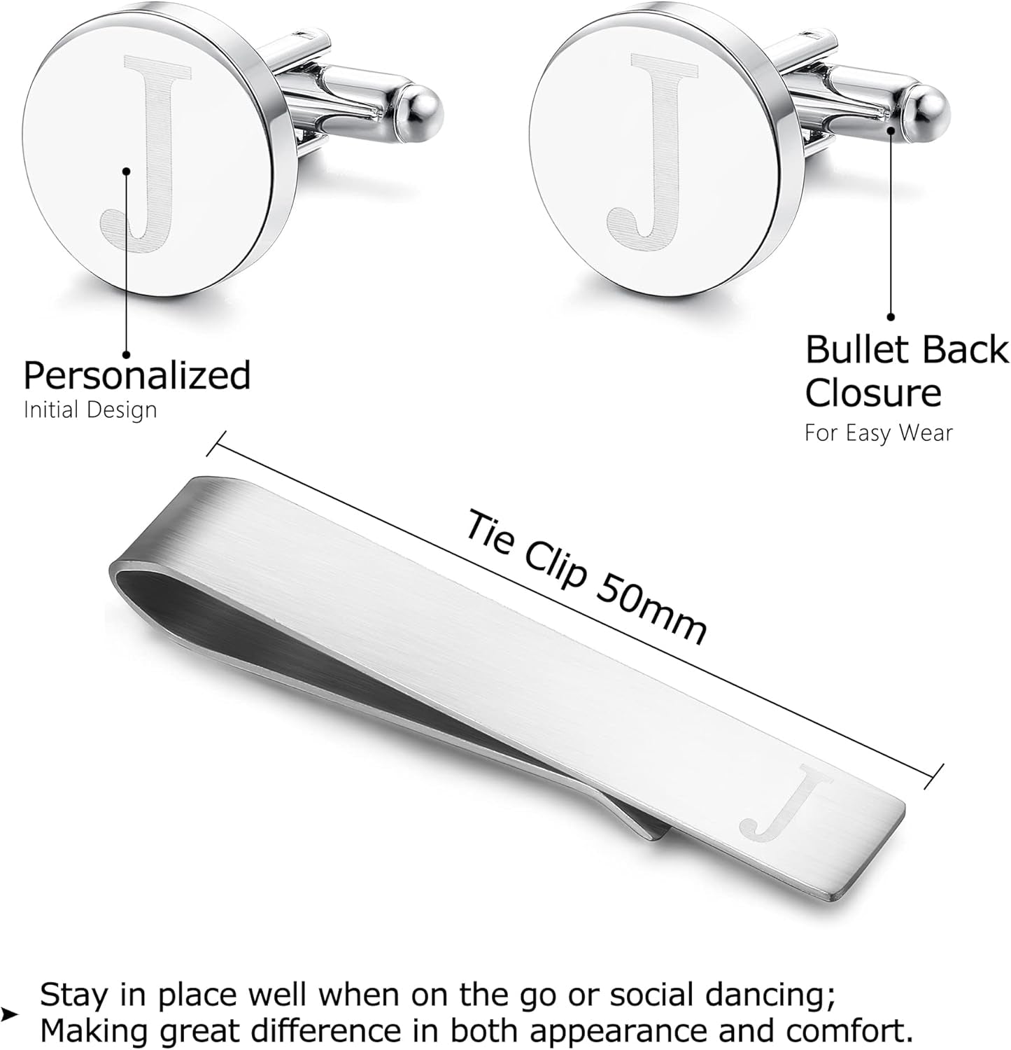 Stainless Steel Engraved Initial Cufflinks and Tie Clip Bar Set Alphabet Letter with Gift Box A-Z