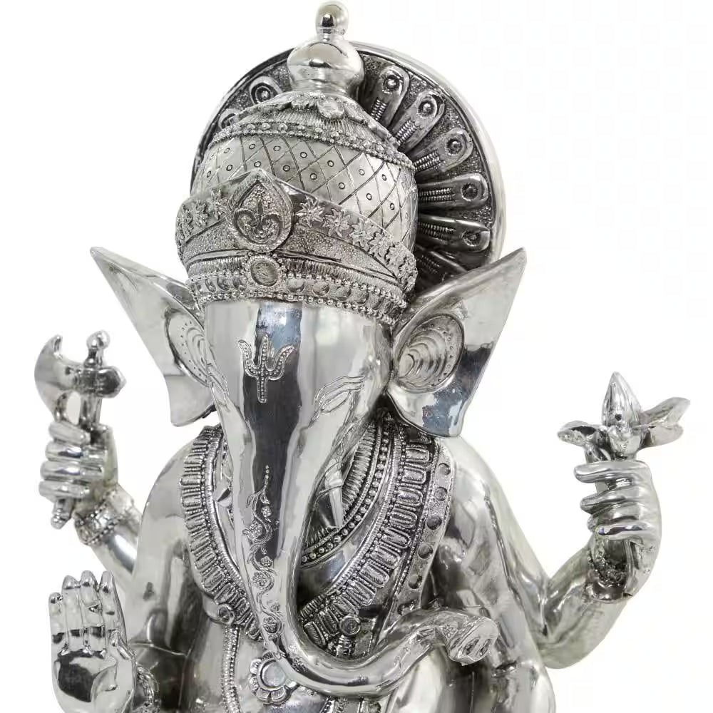Silver Polystone Meditating Ganesh Sculpture with Engraved Carvings and Relief Detailing