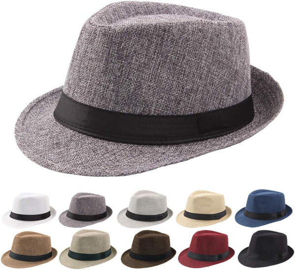 Straw Fedora Hat for Men Panama Trilby Hat Short Brim Hat with Black Band Summer Sun Hat for Men Women