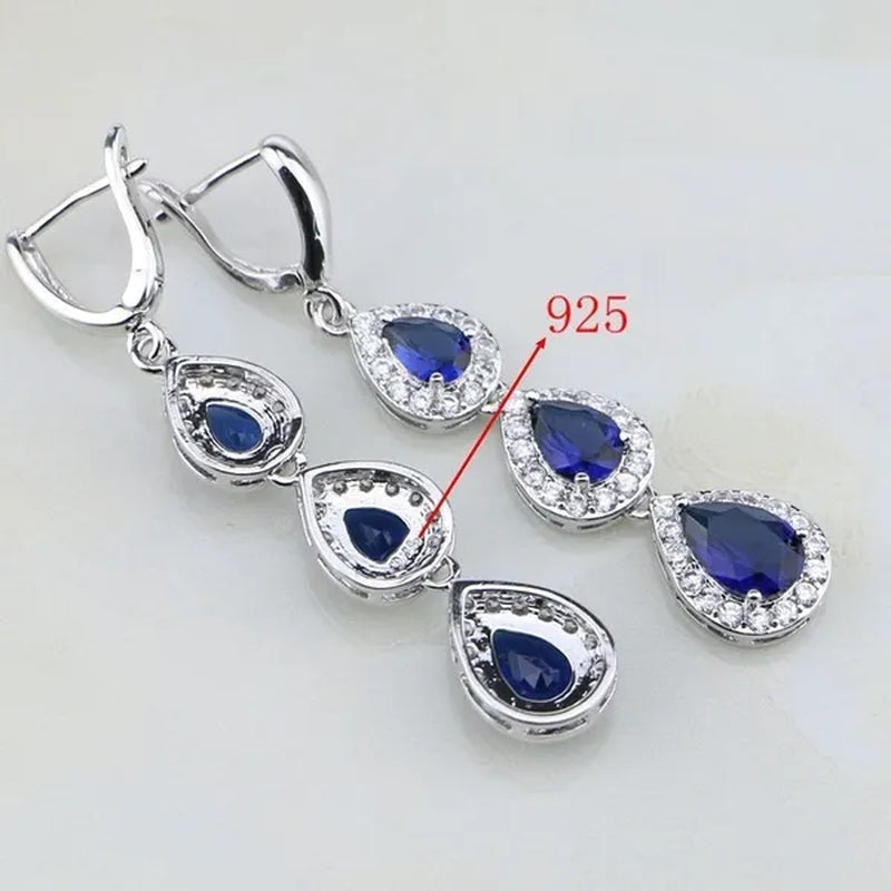 Trendy Water Drop Blue Sapphire White Topaz 925 Sterling Silver Jewelry Sets Women Wedding Earrings/Pendant/Necklace/Bracelet