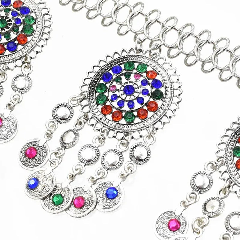 Bohemian Coin Tassel Color Rhinestones Hollow Out Waist Belly Body Chain for Woman