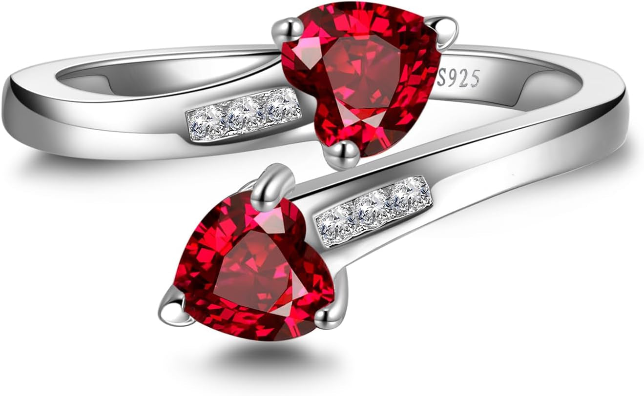 Adjustable Women Heart Ring 925 Sterling Silver Birthstone Rings for Women Promise Ring for Her Simulated Gemstone Statement Stackable Band Width 2Mm Open Size 5~9