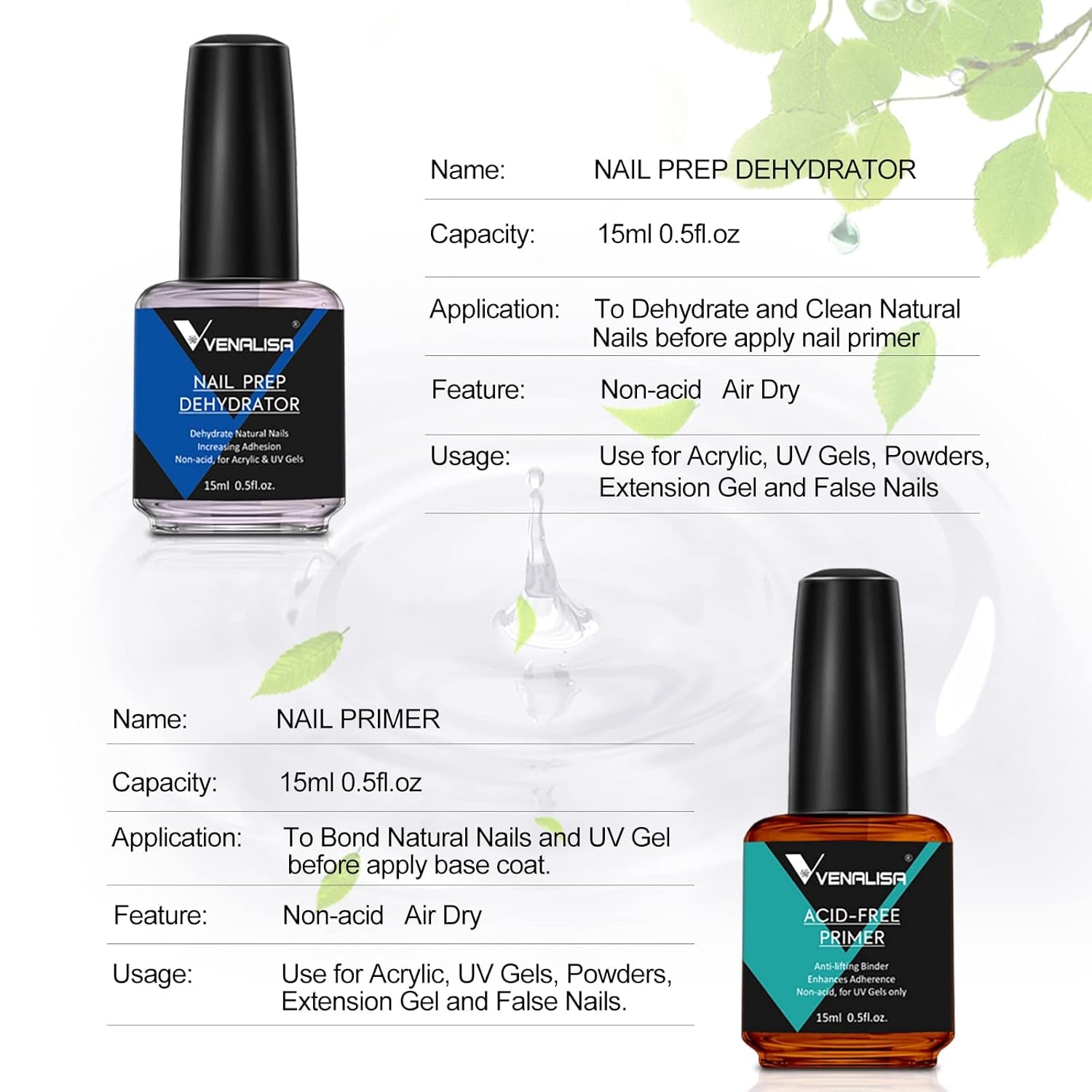 VENALISA 15Ml Gel Nail Polish, Acid-Free Primer & Nail Prep Dehydrate Nail Gel Polish Nail Art Starter Manicure Salon DIY at Home, 0.53 OZ