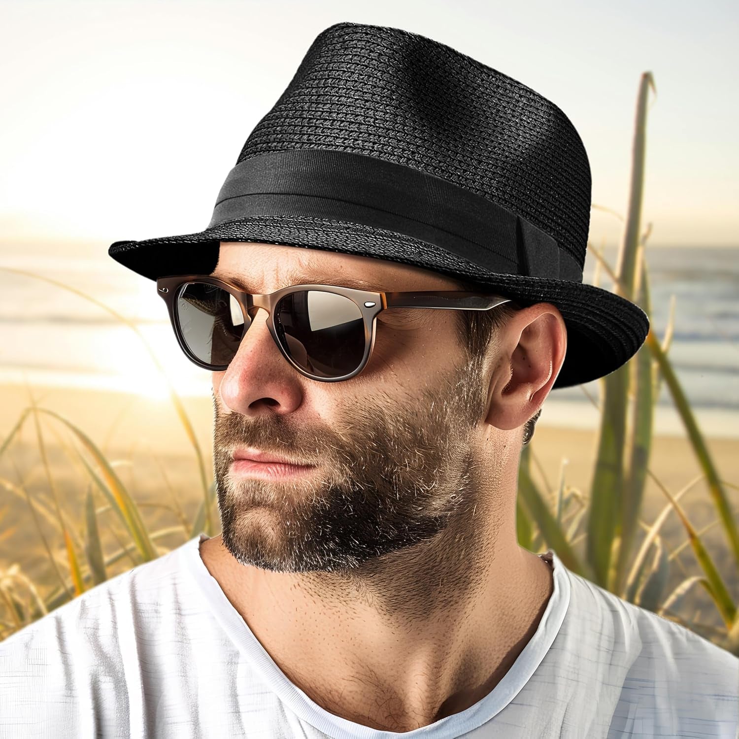 Straw Fedora Hat for Women Men Packable Short Brim Roll up Trilby Hat Panama Summer Beach Sun Hat UPF 50+