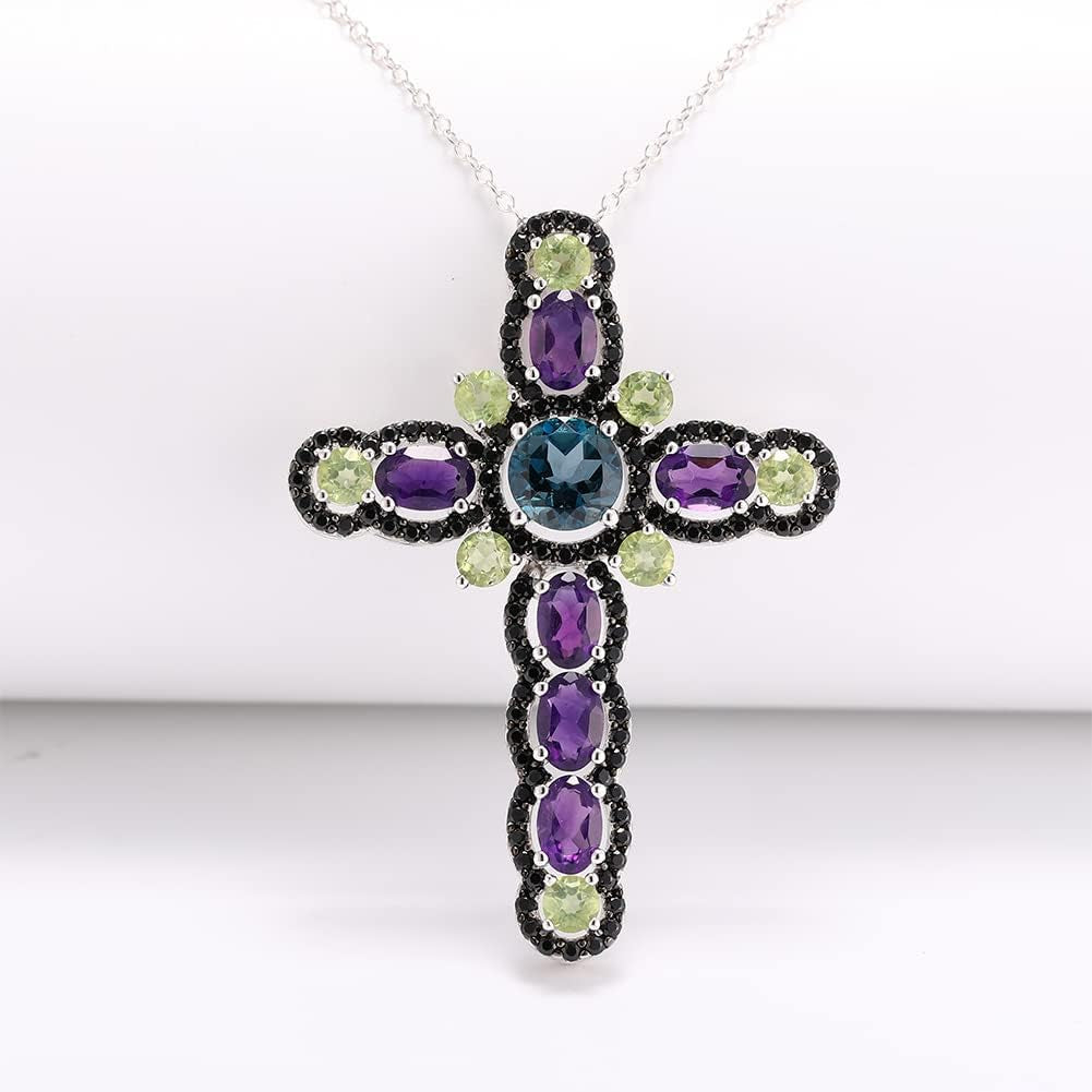 Women'S Stunning Colorful Diamond Cross Pendant Sterling Silver Chain Gemstone Cross Necklaces 18", Various Styles