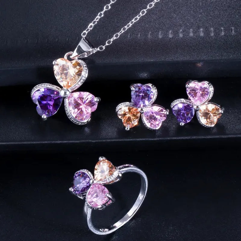 CANDICE Sterling Silver Plated Heart Shape Jewelry Set Pave Austrian Purple Pink Champagne Crystal Drop Dangle Necklace Earrings Ring Sets for Women Girls
