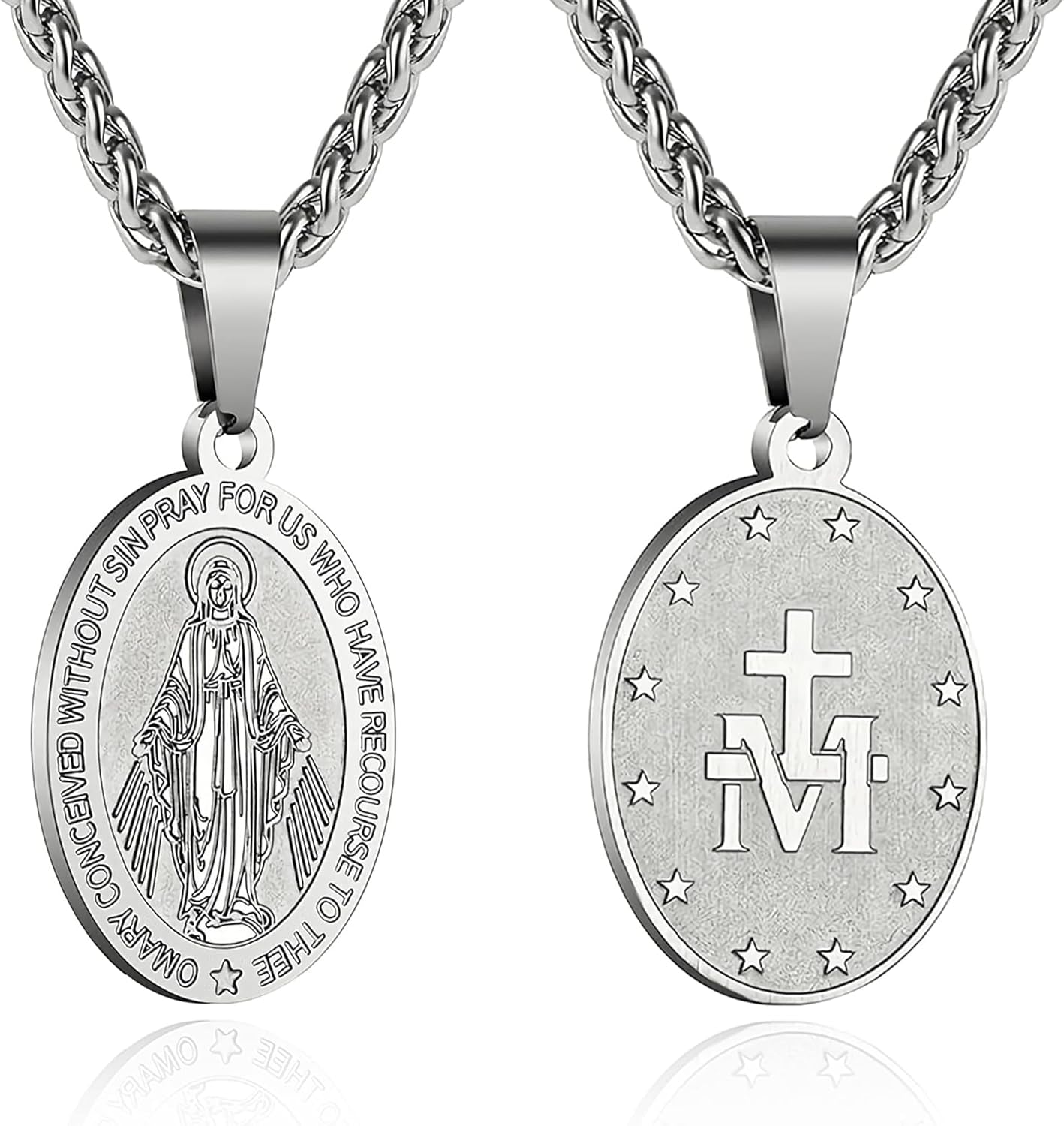 Virgin Mary Necklace for Men Boys Miraculous Medal Stainless Steel Mary Mother of God Pendant De La Virgen Maria Medallion Holy Mary Charm