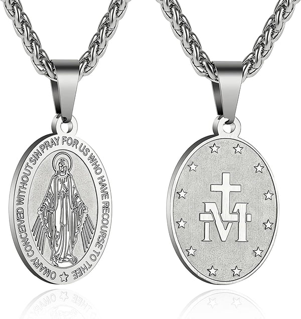 Virgin Mary Necklace for Men Boys Miraculous Medal Stainless Steel Mary Mother of God Pendant De La Virgen Maria Medallion Holy Mary Charm