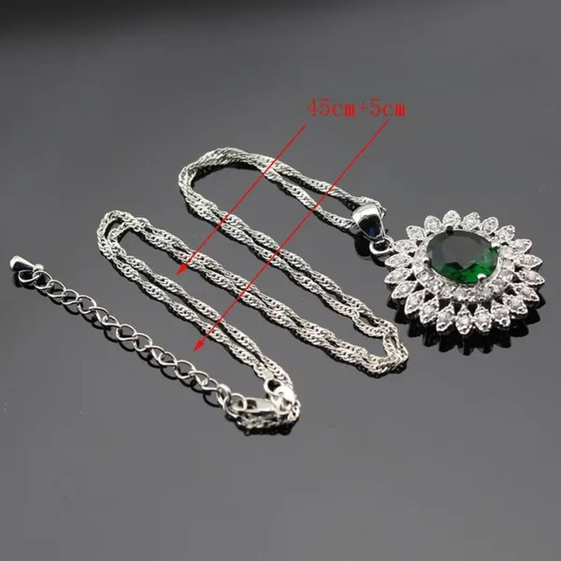 Flower Shaped 925 Silver Jewelry Sets Green Zircon Necklace Pendant Drop Earrings Ring for Women Dating Gift