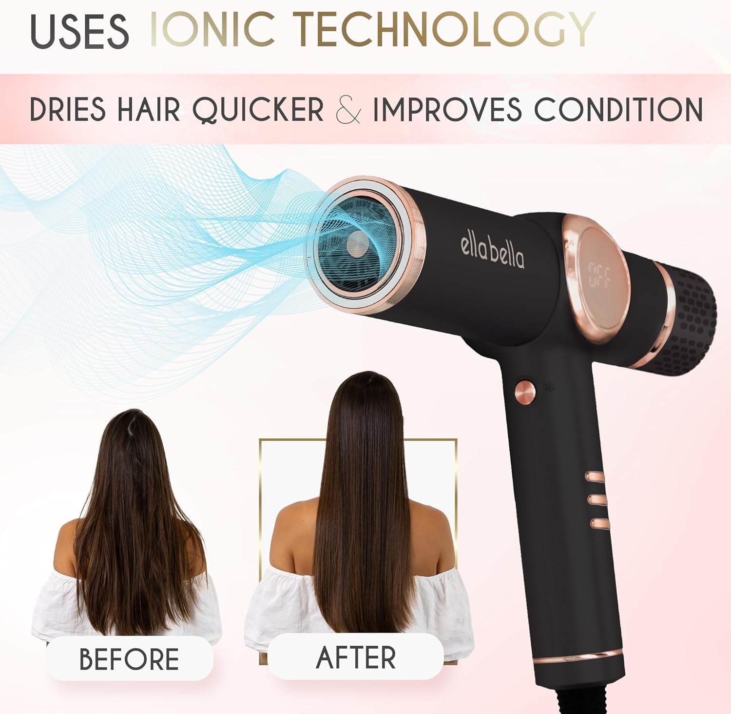 ® Professional Ionic Hair Dryer with Diffuser • Negative Ion Blow Dryer • Suitable All Hair Types • Intelligent Heat Control & Rapid Drying Speeds • Lightweight Design • Low Noise Technology