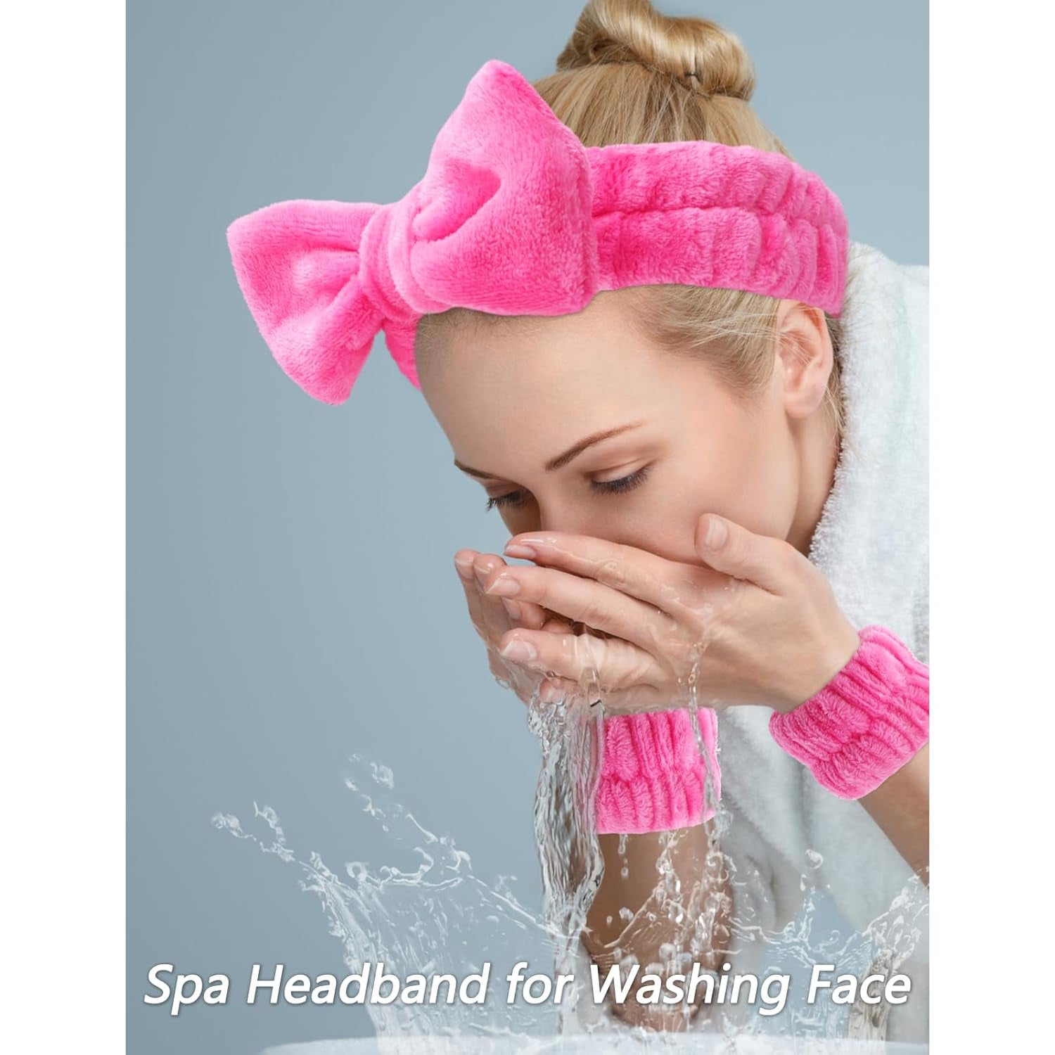 6 Pack Makeup and Skincare Headbands - Rose Pink Sponge Hair Bands, Bow Tie Wristbands for Face Washing, Women'S Hair Accessories