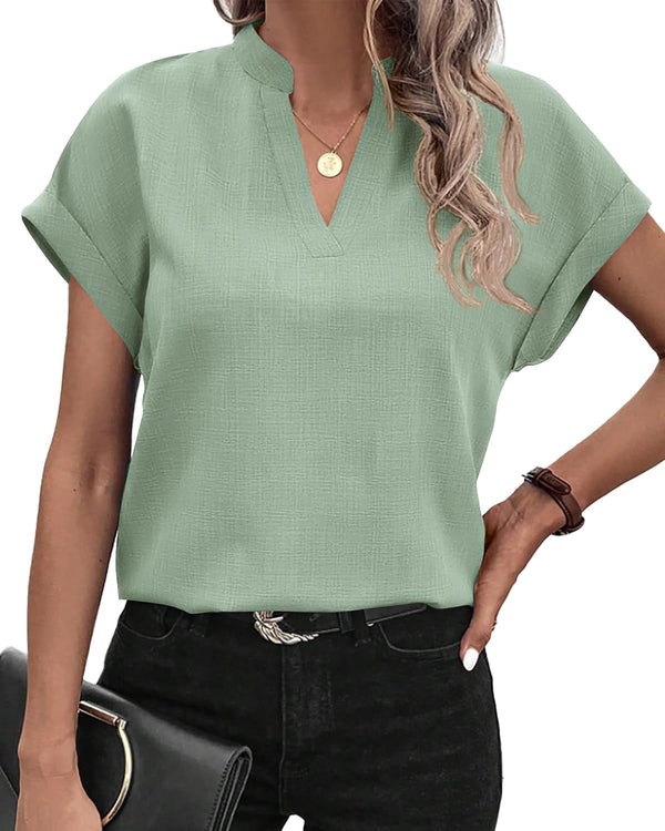 Womens Summer Tops 2025 V Neck Short Sleeve Tshirt Loose Flowy Tunics Solid Color Dressy Casual Blouse Shirts