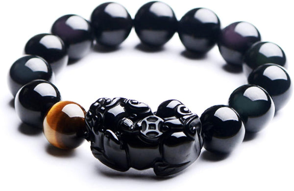 Beaded Bracelets,Protection Bracelets for Men Women，Feng Shui Bracelet Amulet Pixiu Black Vintage Bracelet Natural Black Obsidian Tiger Eye Beaded Chakra Balancing Bracelet Crystal Ward-Off Evil Spiri