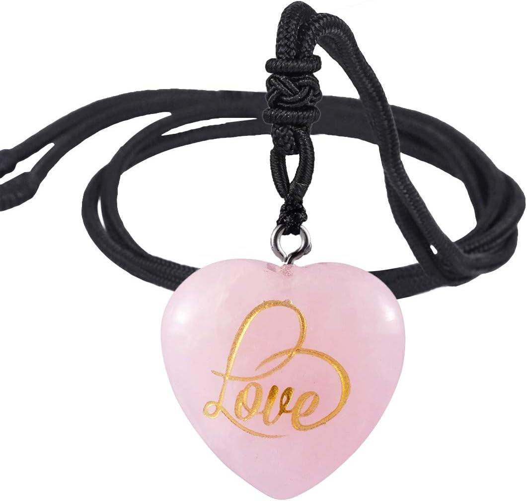 Carved LOVE Heart Stone Pendant Necklace for Women Men, Healing Crystal Point Necklaces for Unisex, Adjustable 18"-26" Strand, Pack of 2