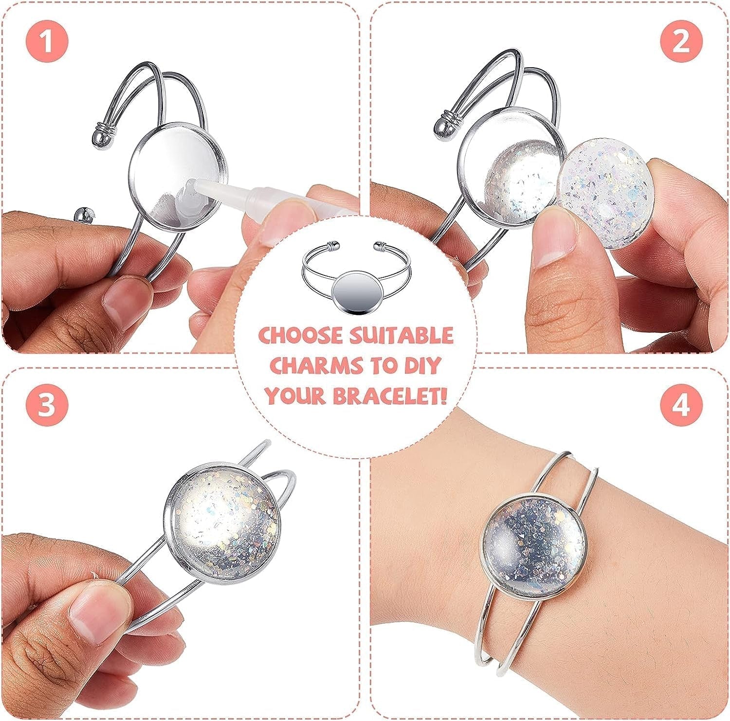Jewelry Making Kit, 10Pcs 25Mm Bezel Tray Blank Bangle Bracelet, Adjustable round Bracelet for DIY Handmade, Men and Women (Silver)