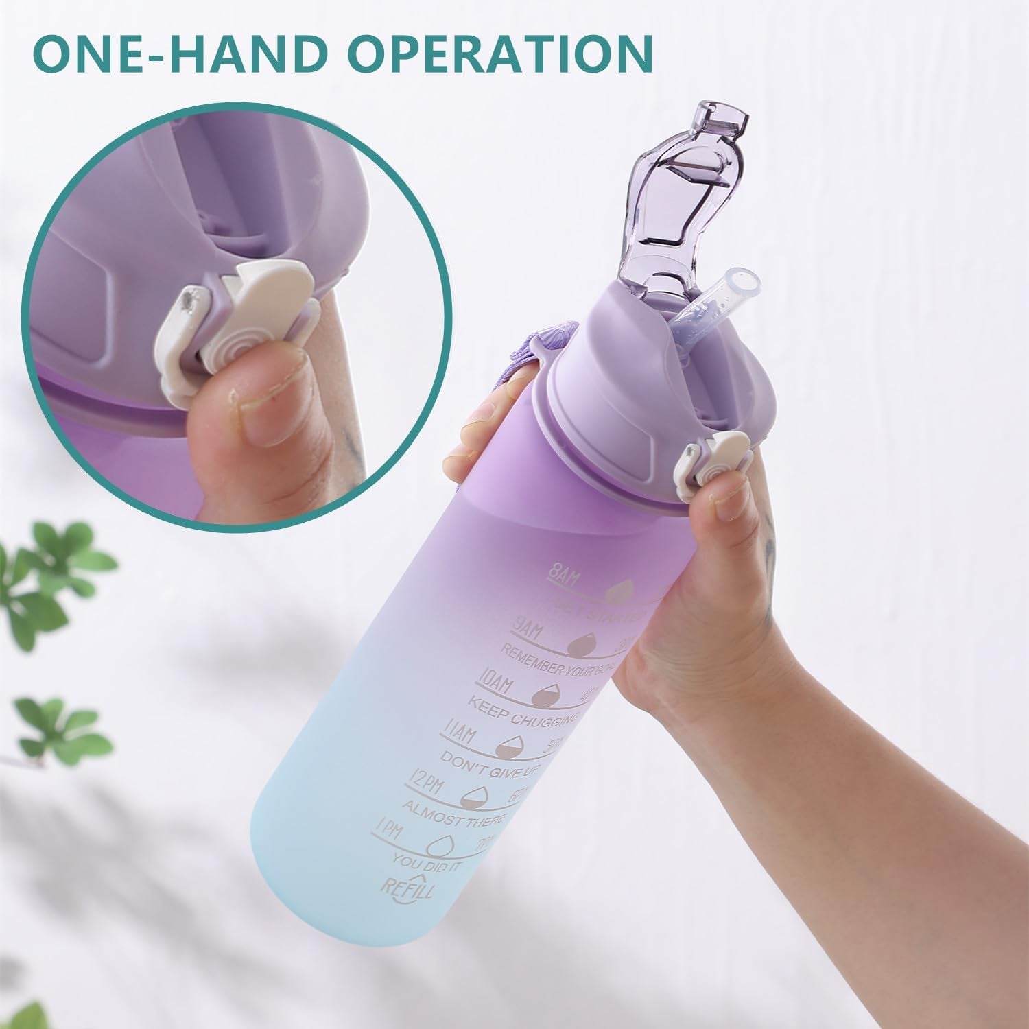 24 Oz Water Bottle with Times to Drink and Straw, Motivational Drinking Water Bottles with Carrying Strap, Leakproof BPA & Toxic Free, Ensure You Drink Enough Water for Fitness(Purple)