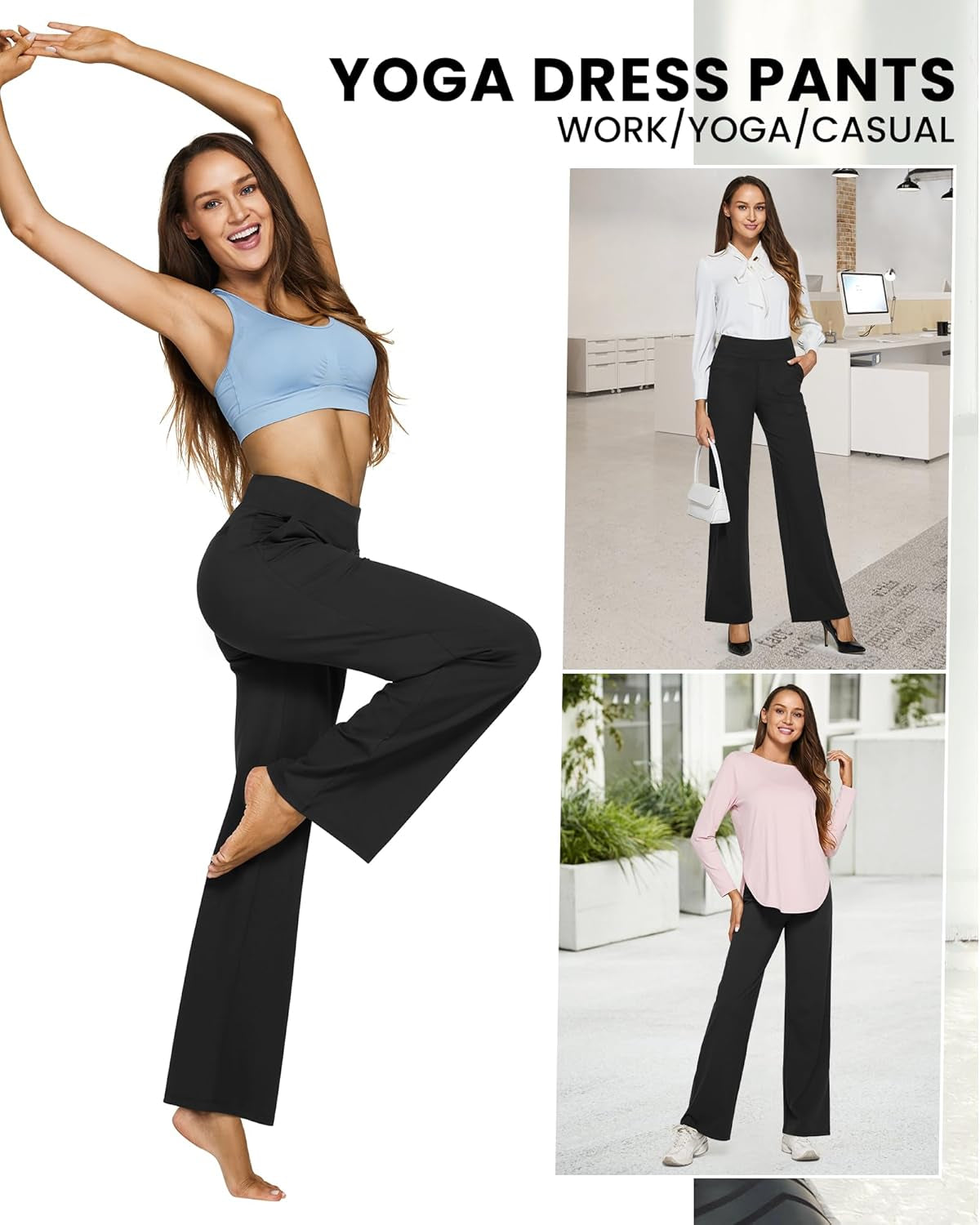 Yoga Pants Women Wide Leg Pants with Pockets High Waist Stretch Dress Casual Sweatpants Petite/Regular/Tall