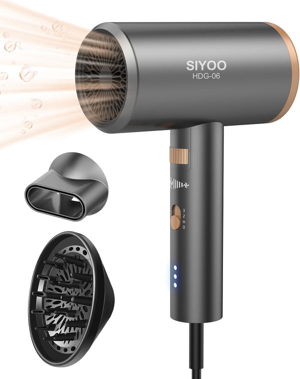 SIYOO Professional Hair Dryer, Ionic Blow Dryer with Diffuser and Nozzle, 1600 Watt Negative Ions Salon Lightweight Hairdryer Gold