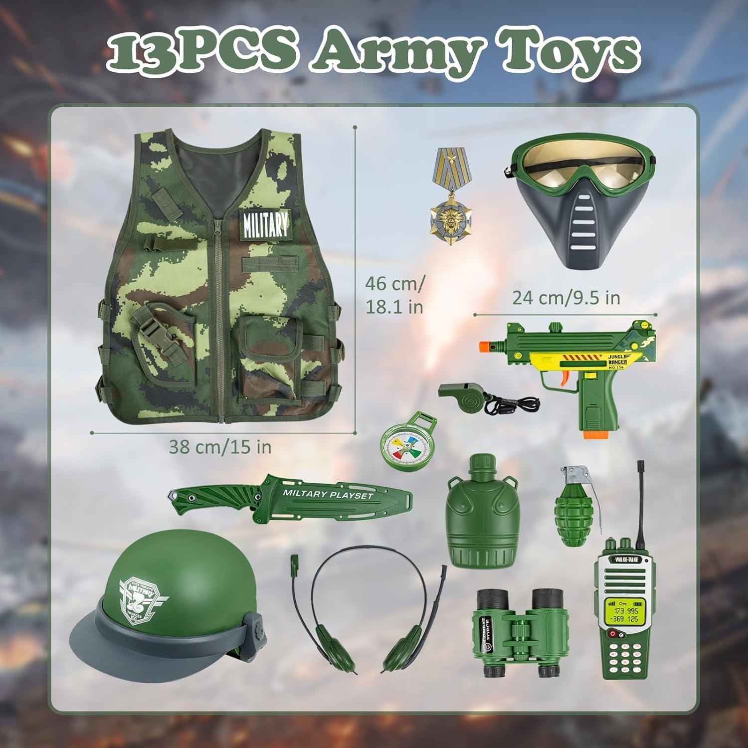 13 Pcs Army Costume for Boys 6-8 3-5, Kids Army Toys Costume Vest, Military Toys for Kids, Soldier Role Play Toddler Dress up Clothes with Toy Gun Set and Accessories,Halloween Costumes for Kid