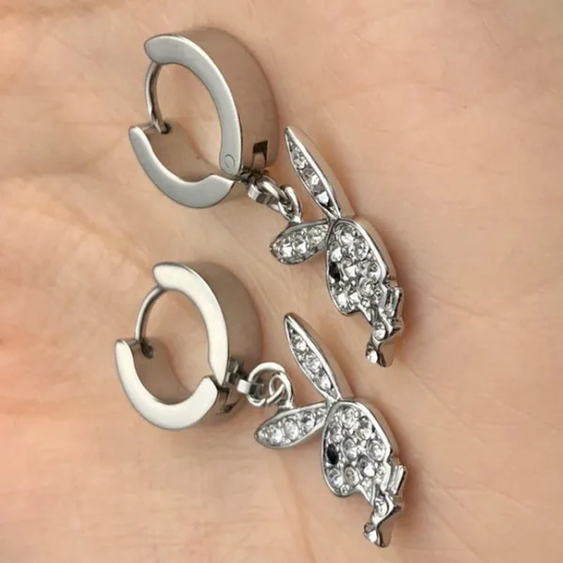 Playboy Full Diamond Rabbit Stainless Steel Ear Buckle Earrings for Men and Women