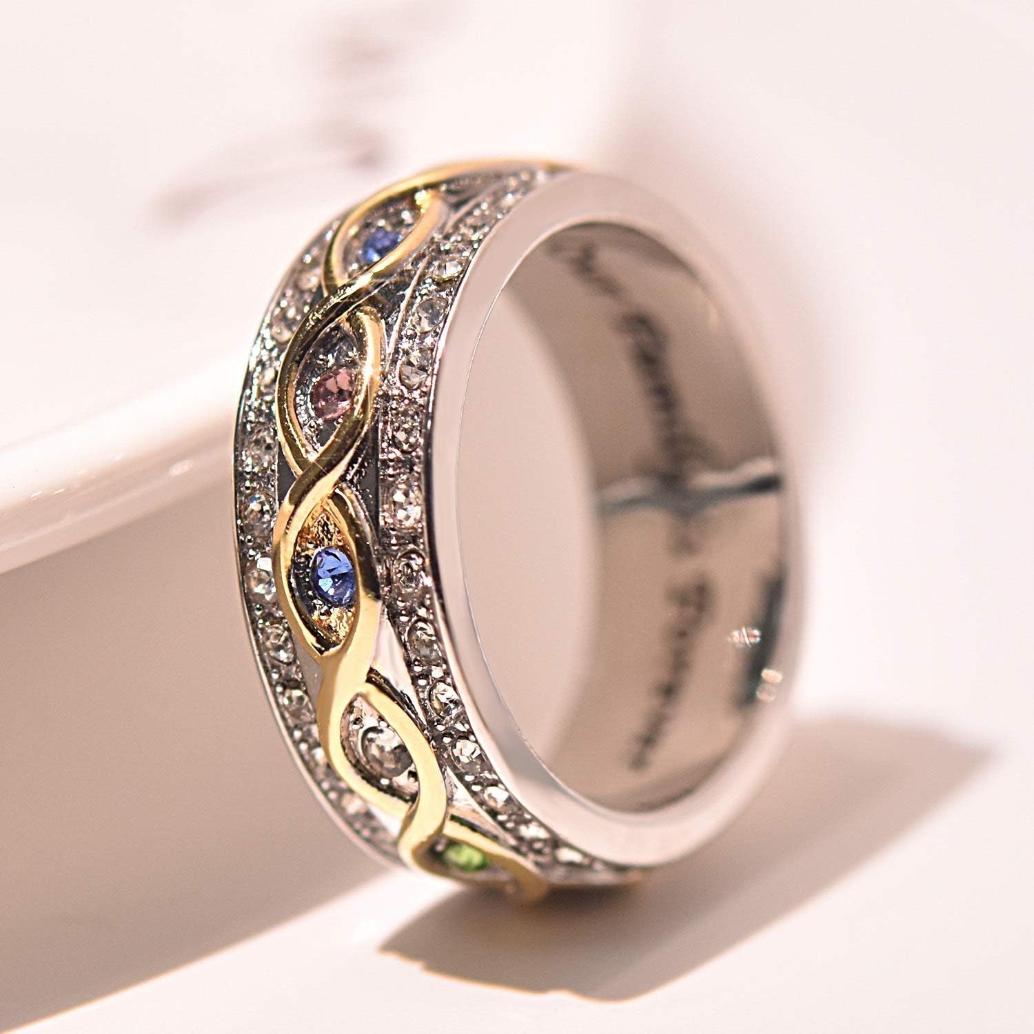 Fashion 18K Gold Ruby Sapphire Ring 925 Sterling Silver Shiny Full Diamond Ring Cubic Zirconia Promise Rings CZ Diamond Multi Row Ring Eternity Engagement Wedding Band Ring for Women