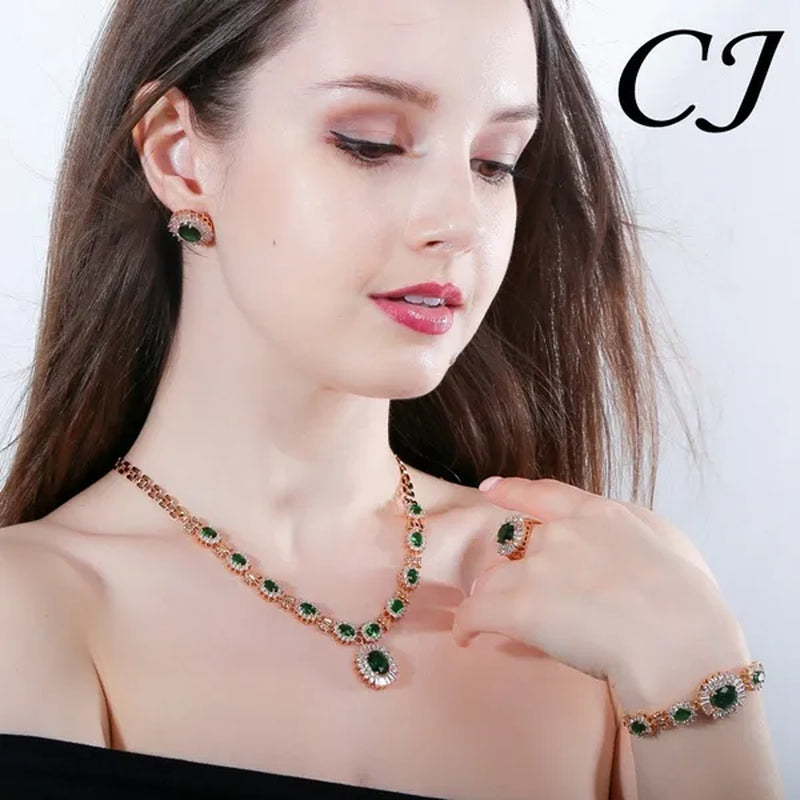CANDICE Dubai Wedding 4 Pieces Set Elegant Red Zirconia Paved Yellow Gold Plated Engagement Party Ring Earrings Bracelet Necklace Sets for Women