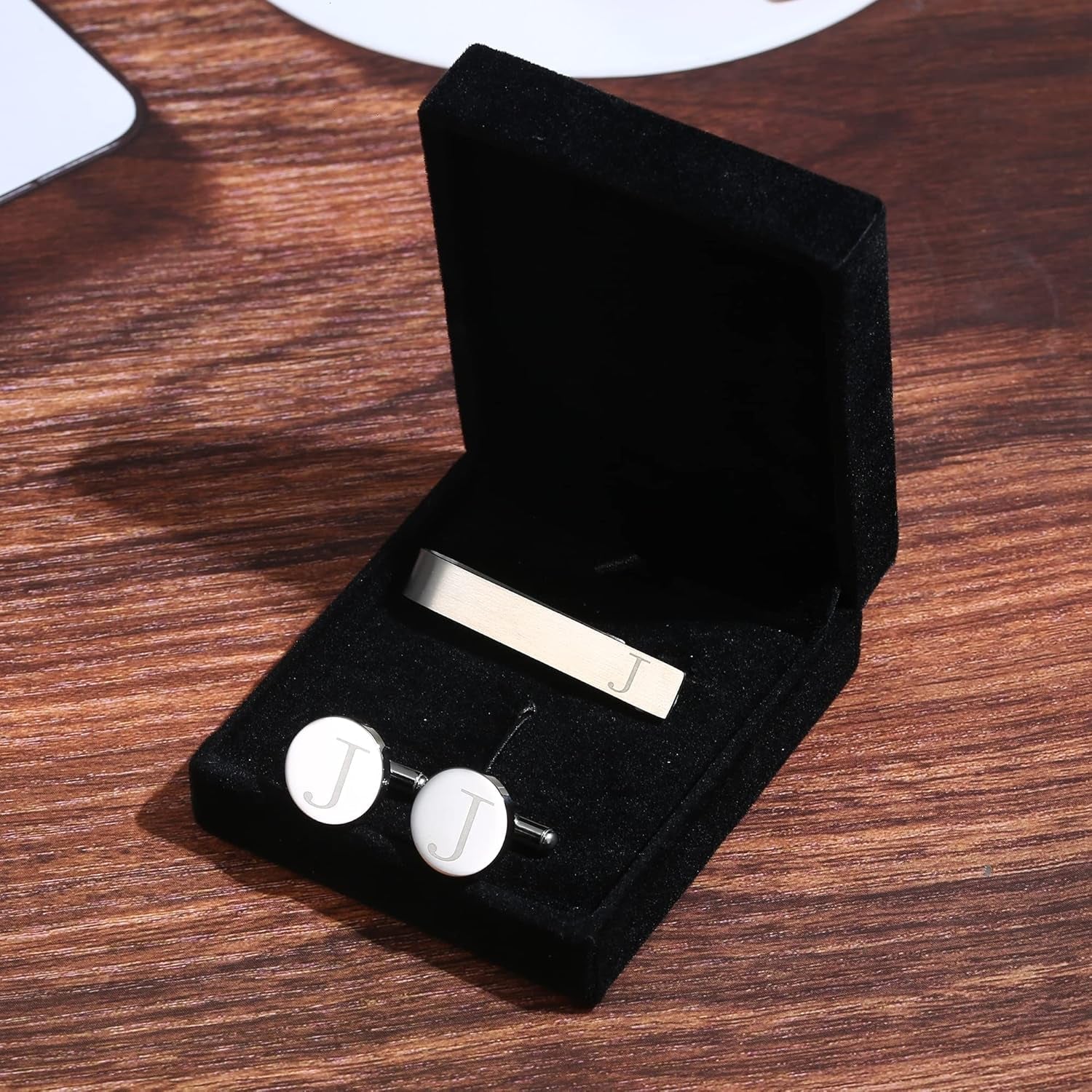 Stainless Steel Engraved Initial Cufflinks and Tie Clip Bar Set Alphabet Letter with Gift Box A-Z