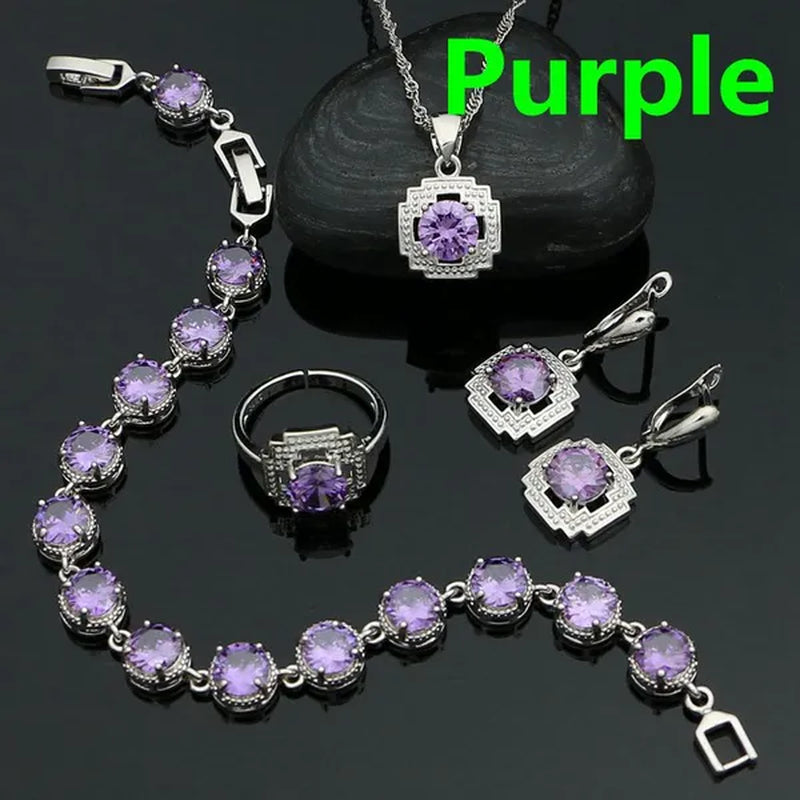 925 Sterling Silver Jewelry Set for Women Natural Green Cubic Zirconia Adjustable Ring Earrings Pendant Chain Bracelet 4PCS