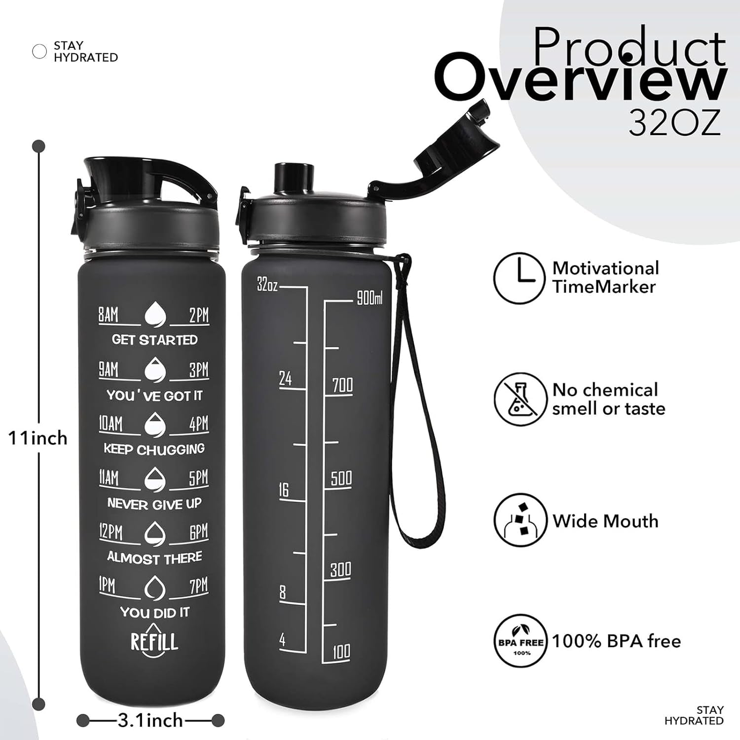 32 Oz Water Bottles with Straw & Strap, Motivational Water Bottles with Times to Drink, BPA Free Reusable Sports Water Bottle with Sleeve Carrier for Hiking, Travel, Running or Fitness