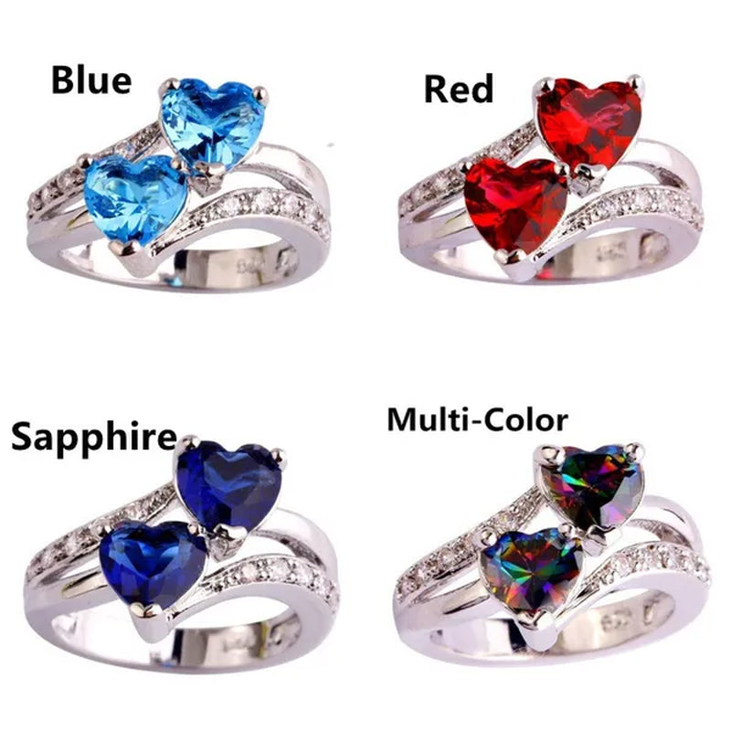 Exquisite 925 Sterling Silver Double Love Heart Rings Natural Sapphire Gemstones Crystal Diamond Wedding Engagement Ring Jewelry Accessories