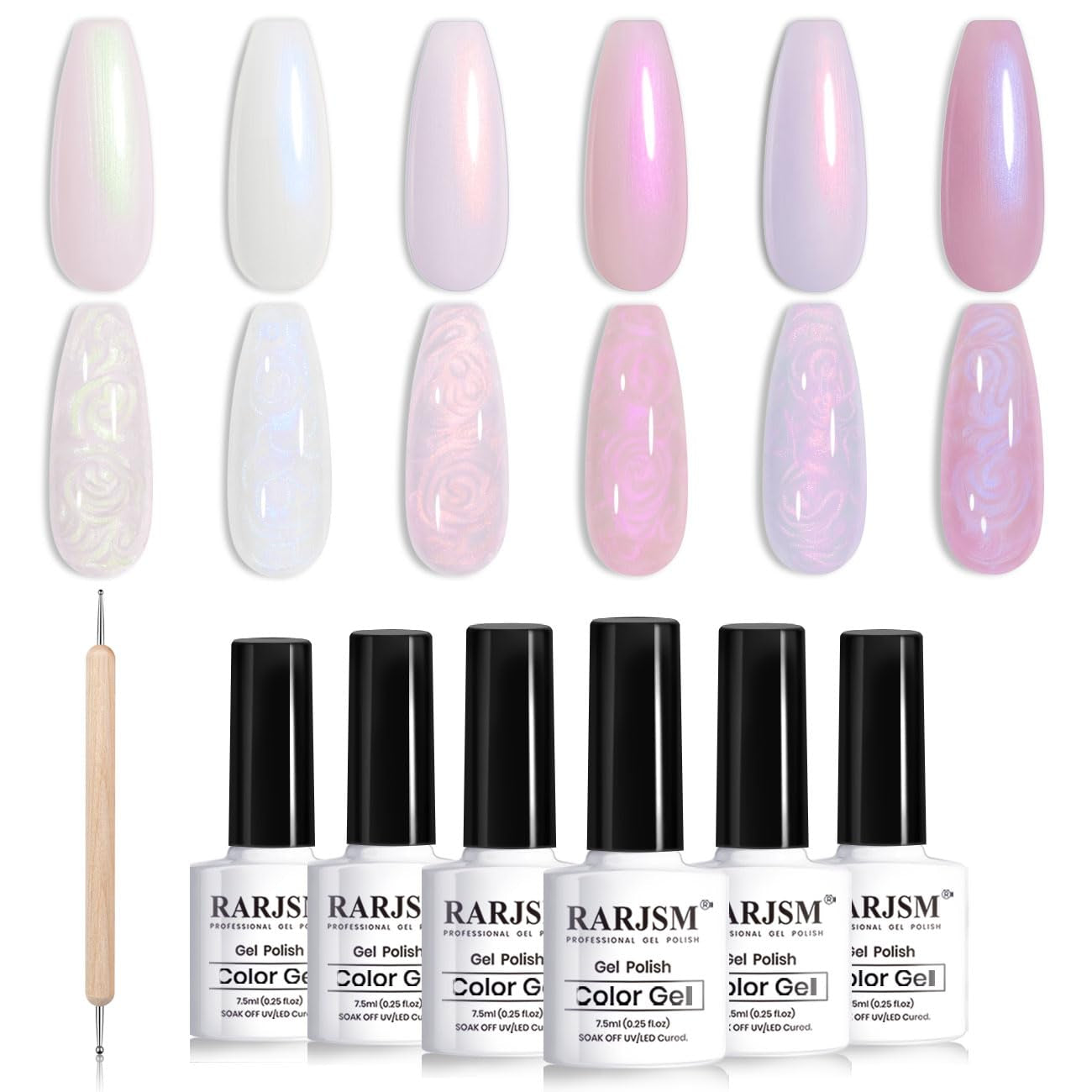 Pearl White Gel Nail Polish Set Iridescent Mermaid Shell Glitter Gel Polish 6 Light Colors Purple Blue Pink Red Gold Shimmer Multichrome Swirl Thread Effect Soak off LED UV Curing Requires