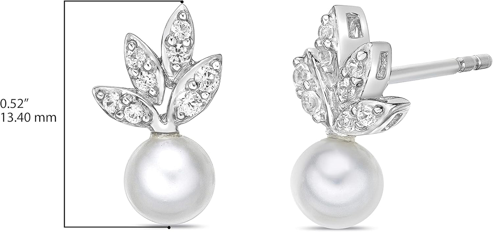 .925 Sterling Silver, 5.5Mm White Freshwater Cultured Button Pearl & Lab Grown White Sapphire Fruit Drop Studs Leafy Pushback Stud Earrings