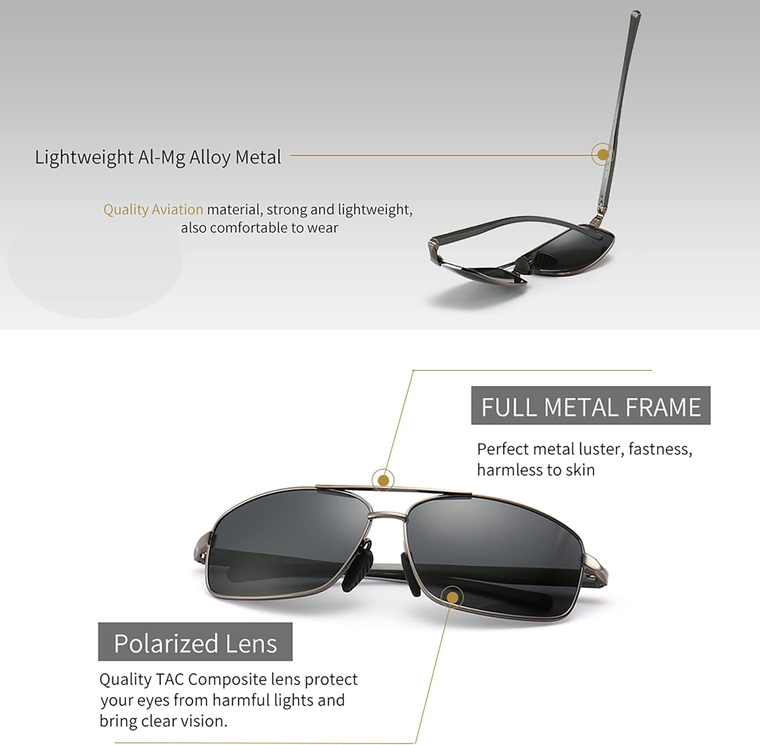 Ultra Lightweight Rectangular Polarized Sunglasses UV400 Protection