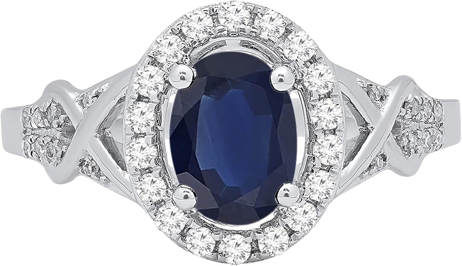 7X5Mm Oval Blue Sapphire & round White Diamond Split Shank Halo Engagement Ring for Women in 10K Solid Gold