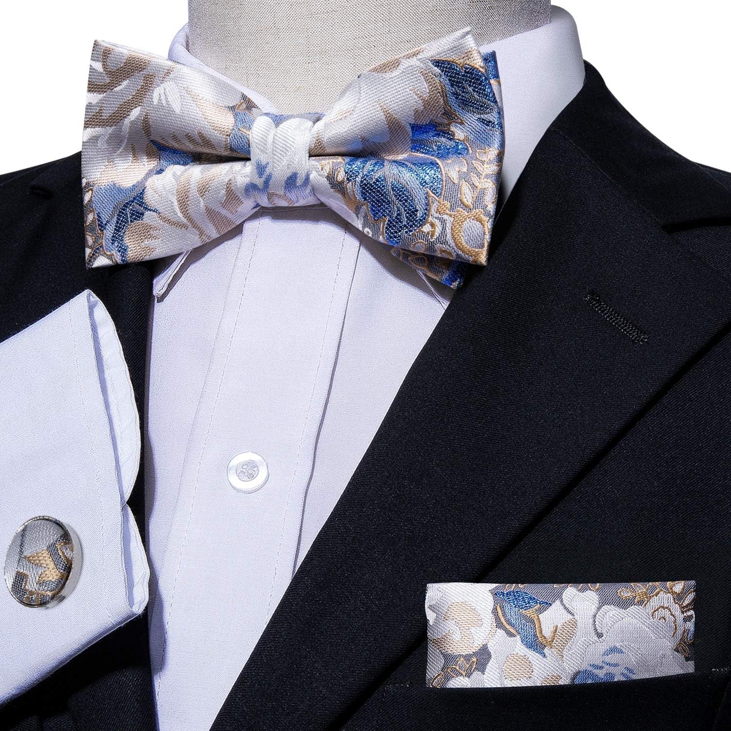 Paisley Striped Bow Tie for Men Silk Pre-Tied Bowtie Pocket Square Cufflinks Set Formal Wedding Party Prom