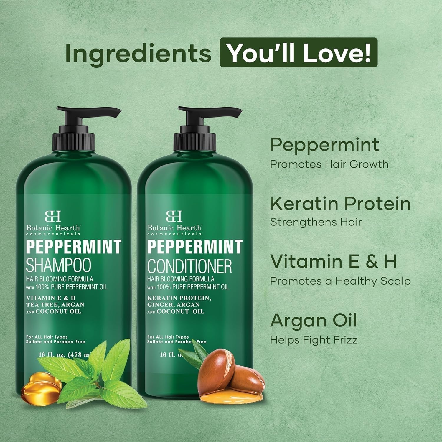 Peppermint Oil Shampoo and Conditioner Set - Hair Blooming Formula with Keratin - Fights Hair Loss & Thinning, Promotes Hair Growth-Sulfate Free for Men and Women - 16 Fl Oz X 2