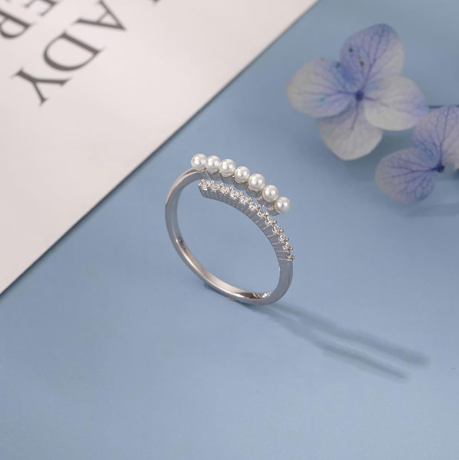 Pearl Rings for Women Dainty 925 Sterling Silver Gold Pearl Ring Stackable CZ Adjustable Open Wrap Ring Fashion Statement Wedding Band Ring Jewelry Birthday Summer Ocean Gifts for Her