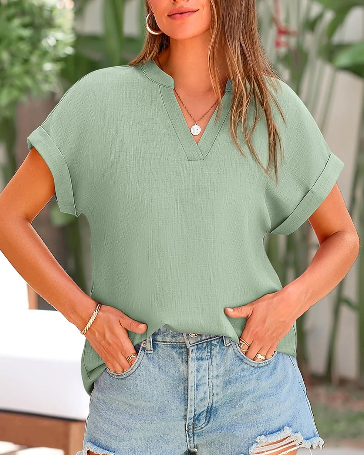 Womens Summer Tops 2025 V Neck Short Sleeve Tshirt Loose Flowy Tunics Solid Color Dressy Casual Blouse Shirts