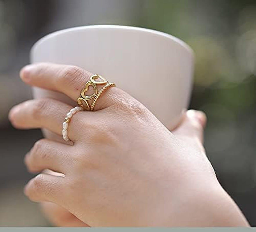 Stretch Freshwater Pearl Rings with 14K Gold Plated Beaded Adjustable Stackable Rings Holiday Gift for Women Girls