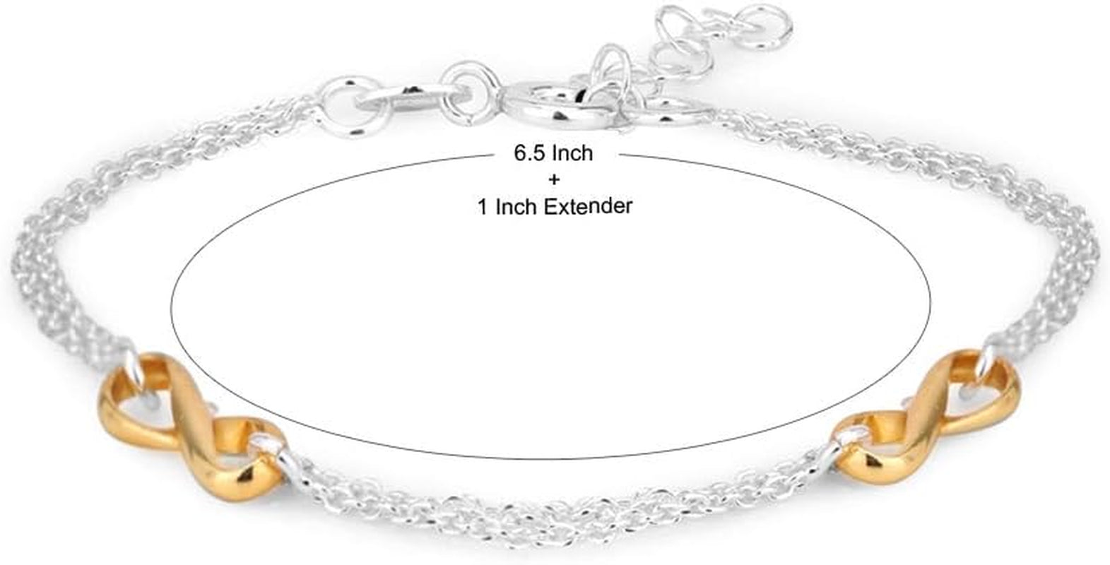 Sterling Silver - Yellow Gold & Silver Plated with 925 Stamp - Double Layered Chain & Infinity Charm Bracelet - Beautifully Handcrafted for Women - 6.5" Long + 1" Extender
