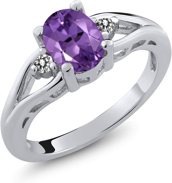 925 Sterling Silver Gemstone Birthstone and Diamond 3 Stone Engagement Ring for Women | Oval 8X6MM | round 2MM | Wedding Engagement Anniversary Promise Ring | Sizes 5-9