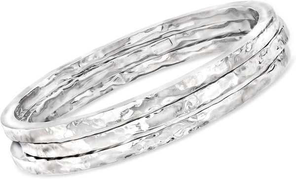 Italian Sterling Silver Jewelry Set: 3 Hammered Bangle Bracelets. 7.5 Inches