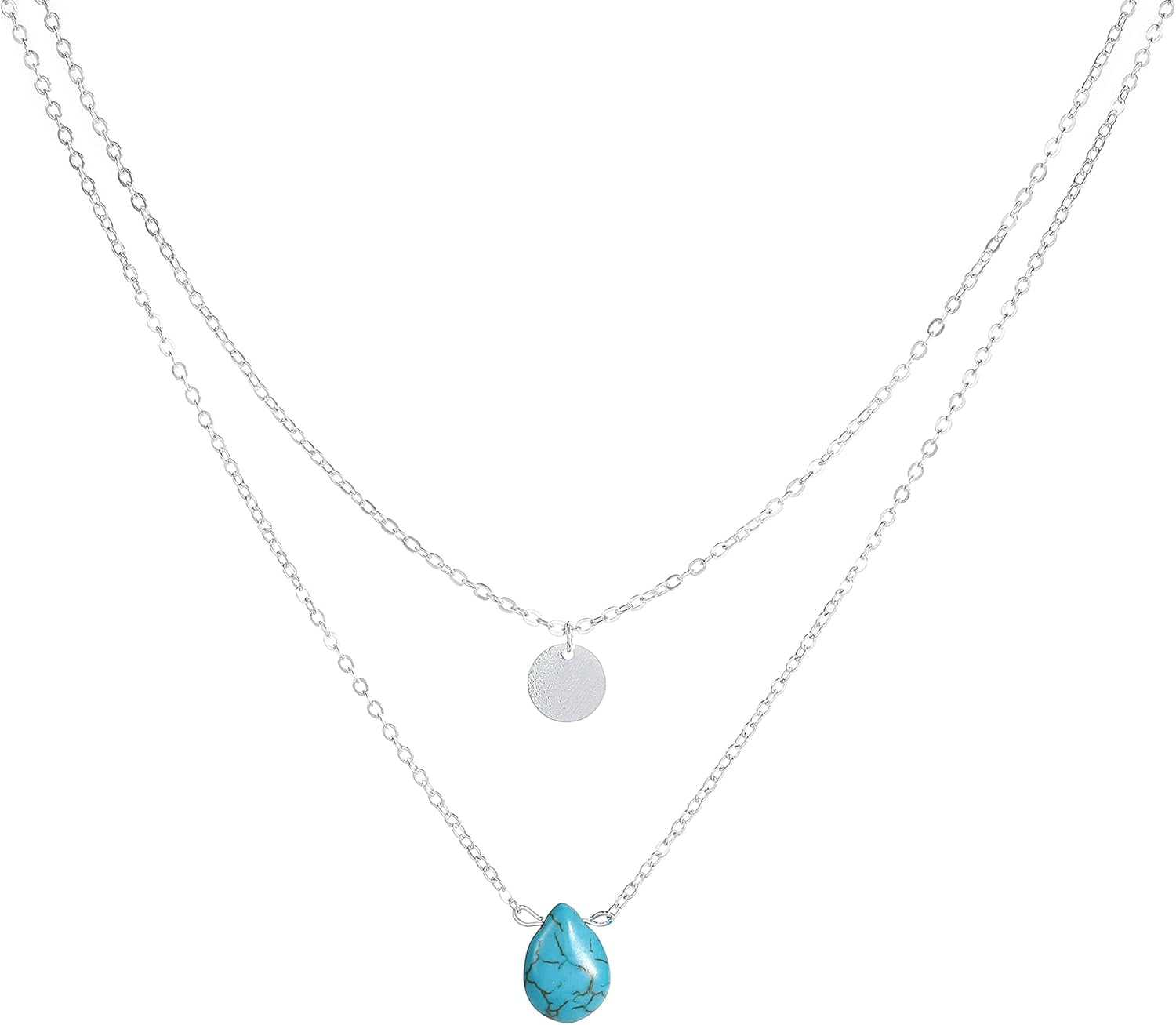 Blue Turquoise Necklaces Multilayerd Sequin Pendant Necklace Chain Jewelry for Women
