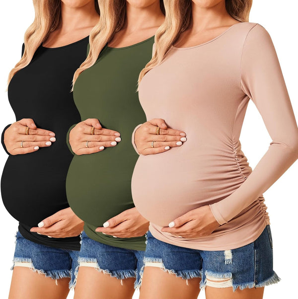 Womens Maternity Shirts Long Sleeve 3 Packs Pregnancy Tee Top Tunic Blouse Casual Mama Clothes S-XXL