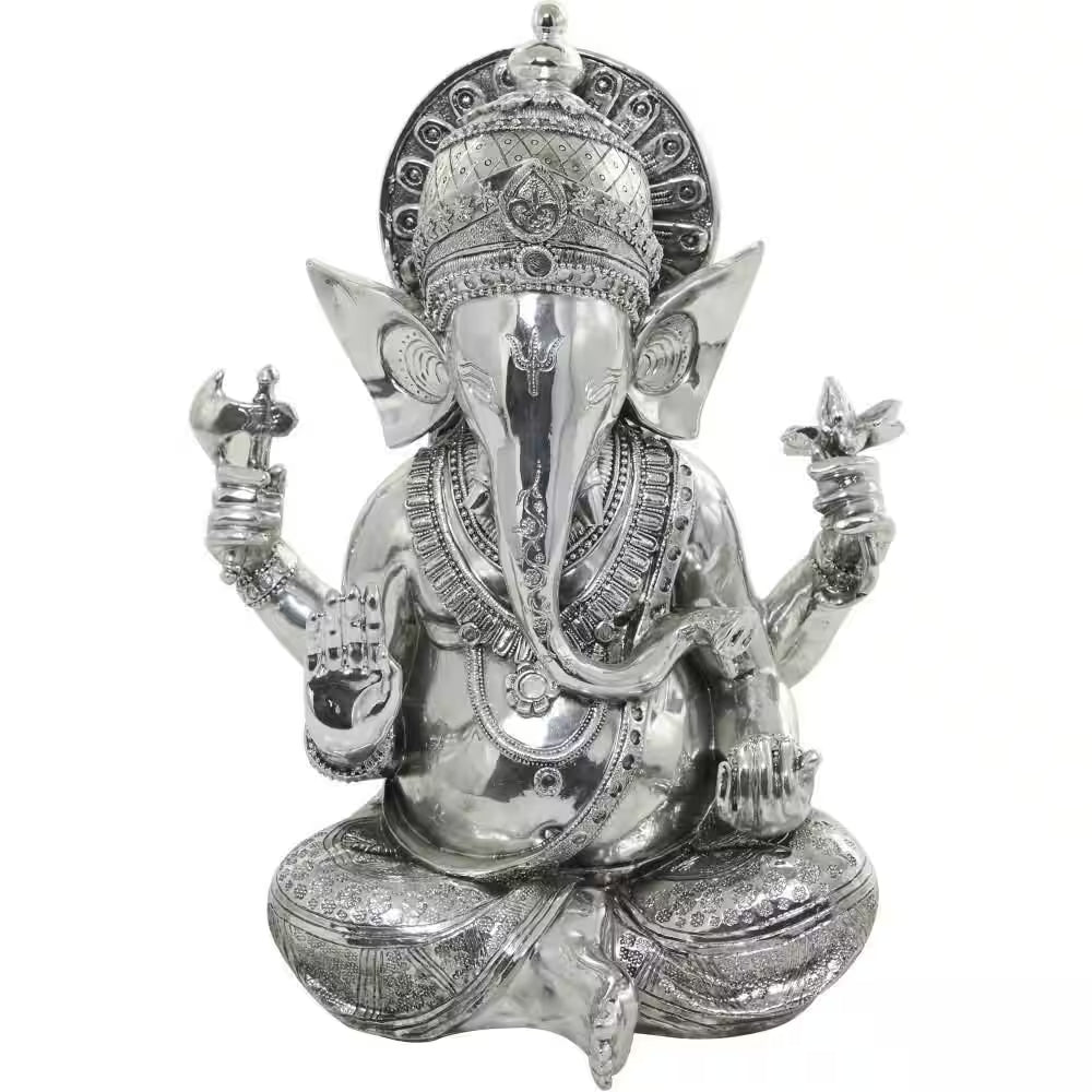 Silver Polystone Meditating Ganesh Sculpture with Engraved Carvings and Relief Detailing