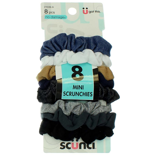Effortless Beauty Mini Scrunchies No-Damage Assorted Denim-Colors Elastics 8 Count, Ponytailers