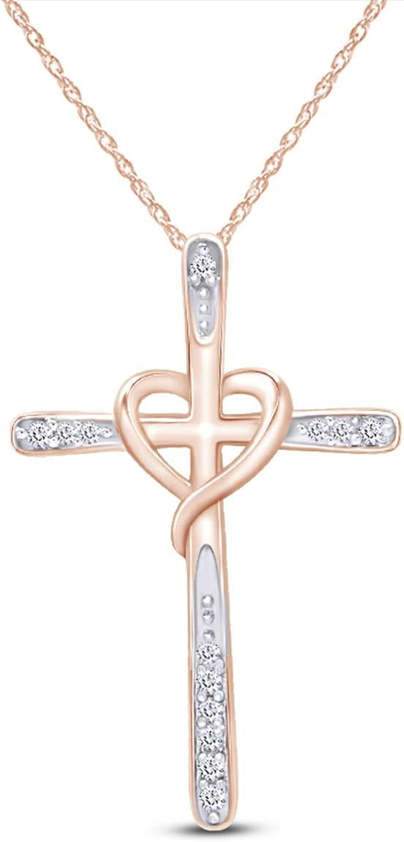 White Natural Diamond Cross Heart Pendant in 10K Solid Gold (1/20 Cttw)